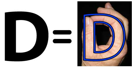 An image illustrating the Large letter D in relation to a human hand with thumb and opposed forefinger. 