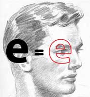 An illustration showing small letter 'e' and head in profile