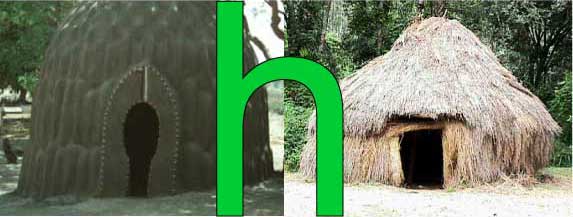 Two primitive huts of the type letter h depicts