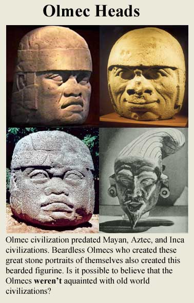 An array of Olmec 'heads' of contrasting Mediterranean and Central American facial features.
