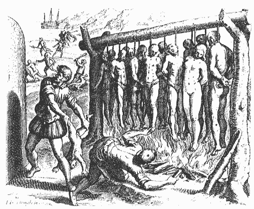Image 2, an image of Christians torturing and roasting native Americans.
