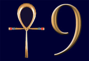 An illustration comparing a golden ankh and number 9