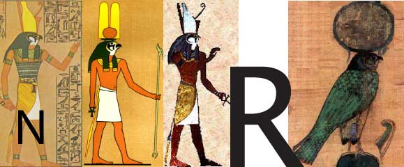 Heru the HawkGod striding = majuscule letter R