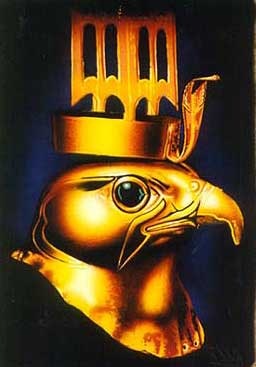 A gold figurine of Heru, the Golden Hawk, with a jeweled eye.